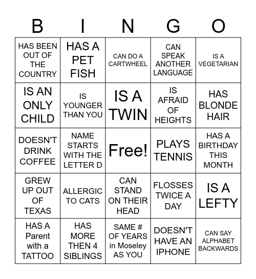 HUMAN SCAVENGER HUNT Bingo Card