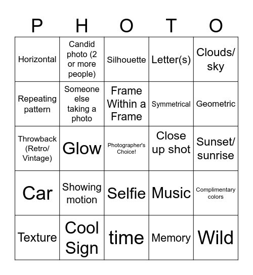 Photography Bingo Card