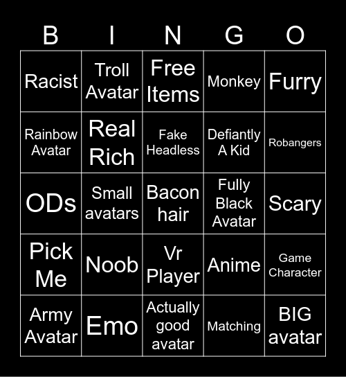 Roblox avatar bingo Card