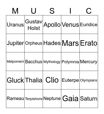 Music and Mythology Bingo Card