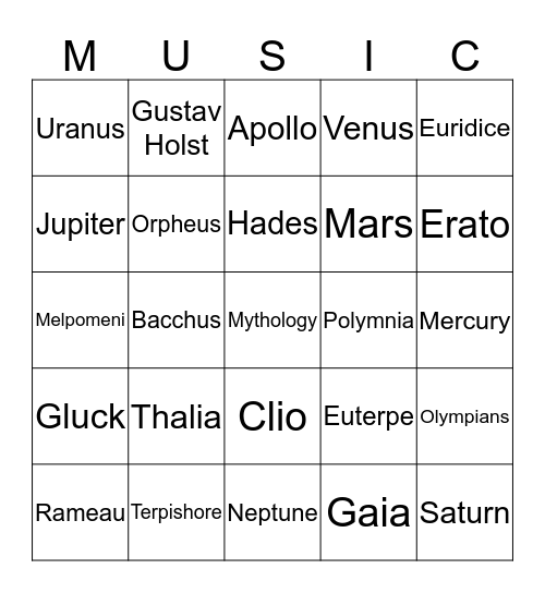 Music and Mythology Bingo Card