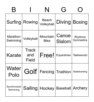 Summer Olympics Bingo Card