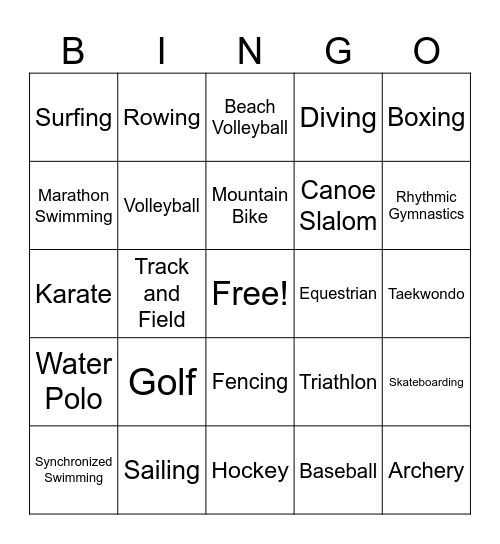 Summer Olympics Bingo Card