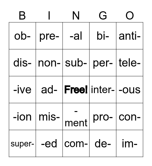 Prefix and Suffix Bingo Card