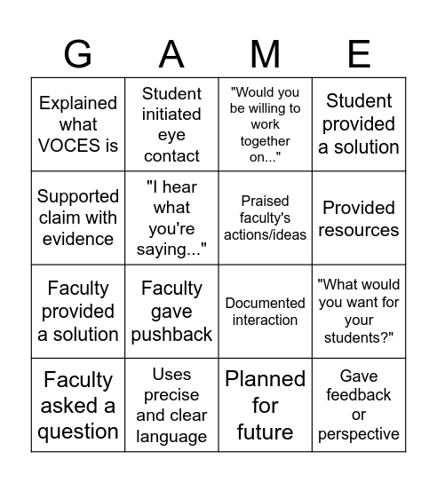 Faculty Feedback Bingo Card