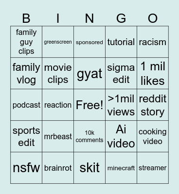 yt shorts bingo Card