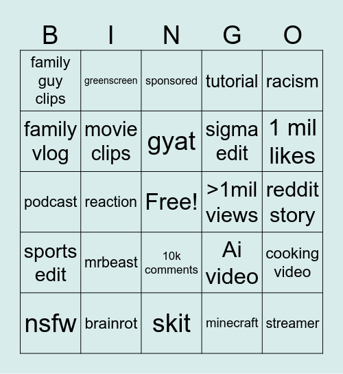 yt shorts bingo Card