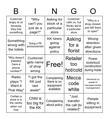 Westfield Bingo Card