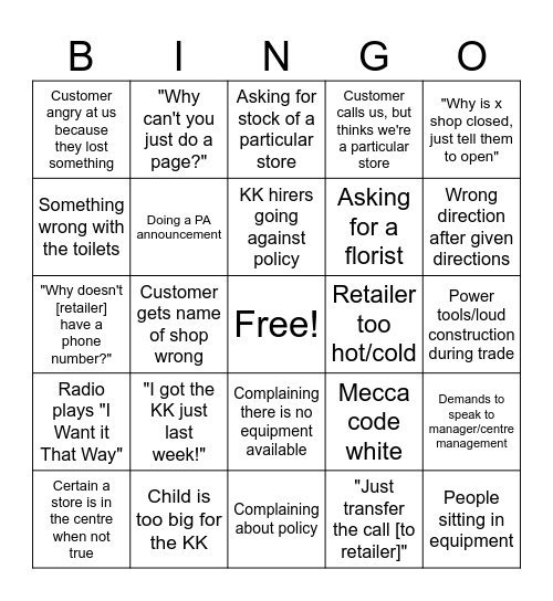 Westfield Bingo Card