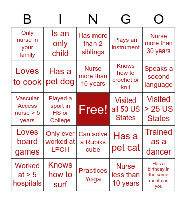 Vascular Access Team Bingo Card