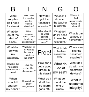 Class Procedures BINGO Card
