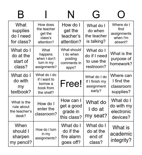 Class Procedures BINGO Card