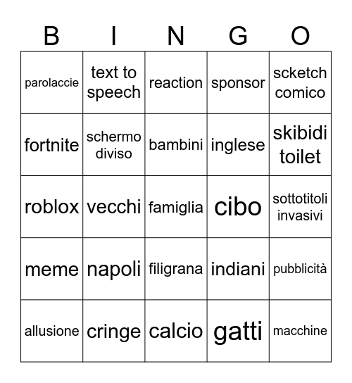 YouTube Shorts Bingo Card