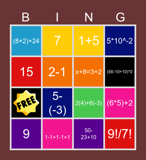 Quick Math Bingo Card