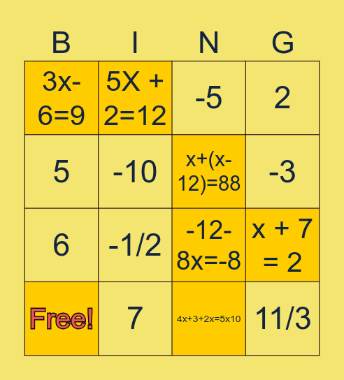 สมการเชิงเส้นตัวแปรเดียว Bingo Card