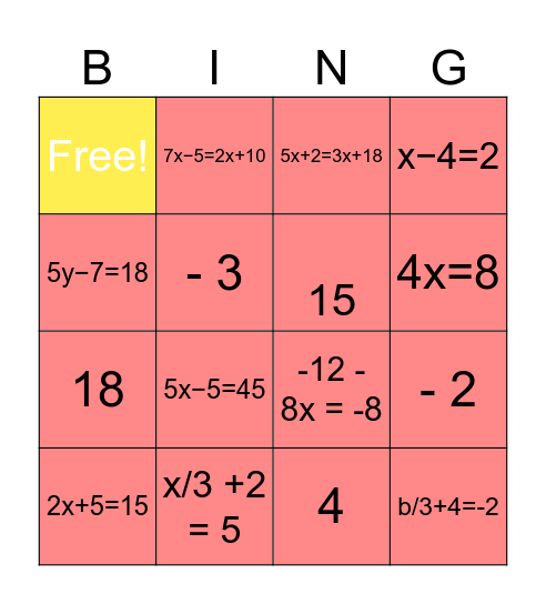 สมการ Bingo Card