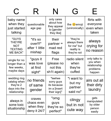boy / girl crazy person bingo Card