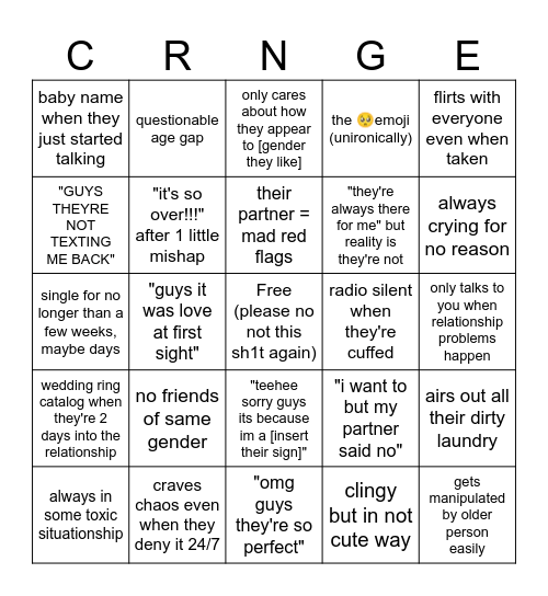 boy / girl crazy person bingo Card