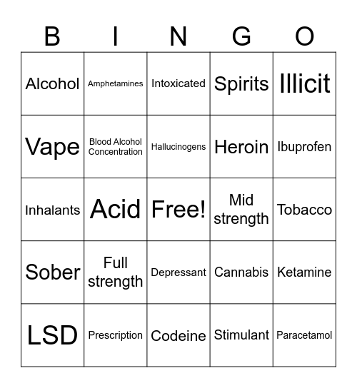 Alcohol and Other Drugs Bingo Card