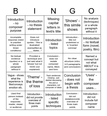 Bad English Bingo Card