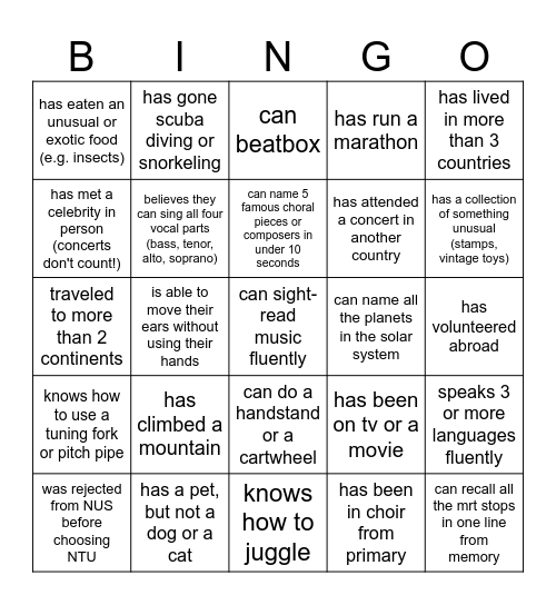 Choir Bingo Card