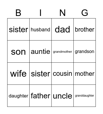 family members Bingo Card