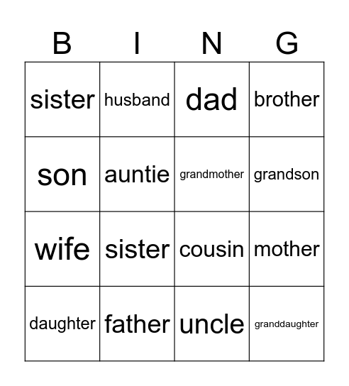 family members Bingo Card