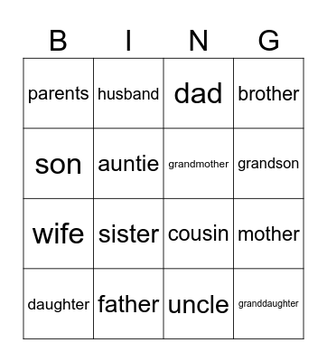 family members Bingo Card