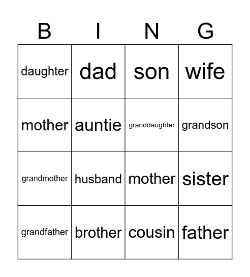 Family Members Bingo Card