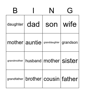 Family Members Bingo Card
