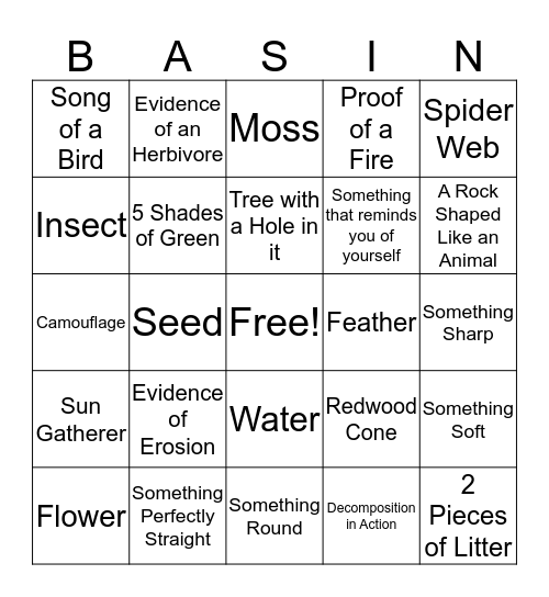 Big Basin Observations Bingo! Bingo Card