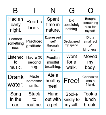 Self-Care Bingo Card