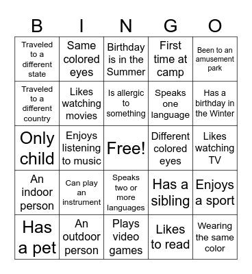 Characteristic Bingo Card