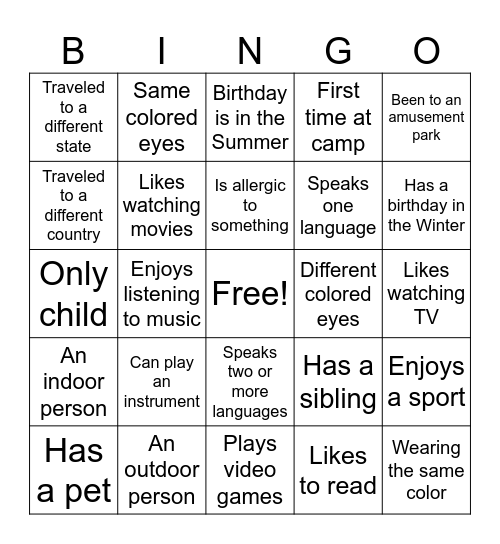 Characteristic Bingo Card