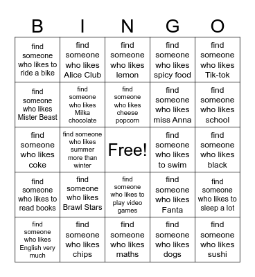 Find someone who likes... Bingo Card