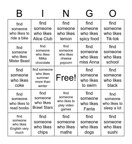 Find someone who likes... Bingo Card