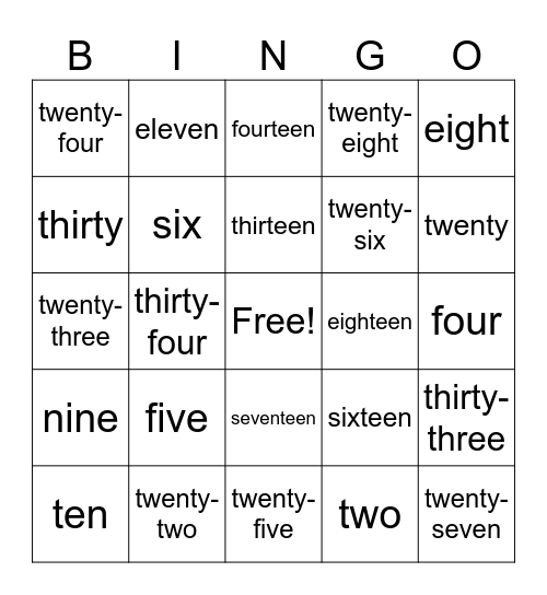 Números em inglês 1-20 Bingo Card