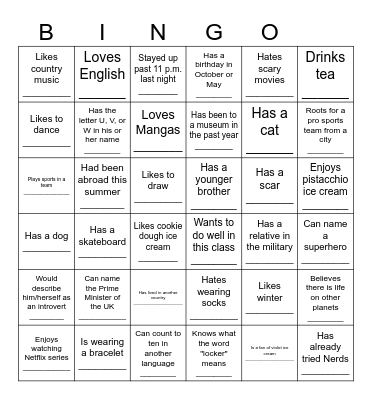 Icebreaker Bingo - Year 8 - Find Someone Who ... Bingo Card