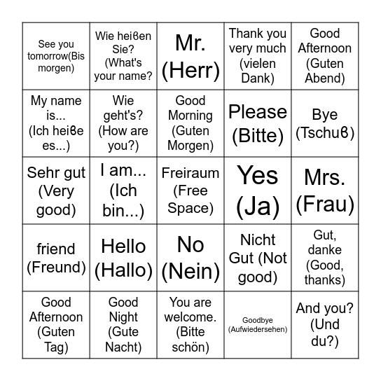 German Greetings (Deutsch Grüϐe) Bingo Card