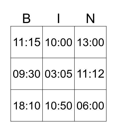 Uhrzeit Bingo Card