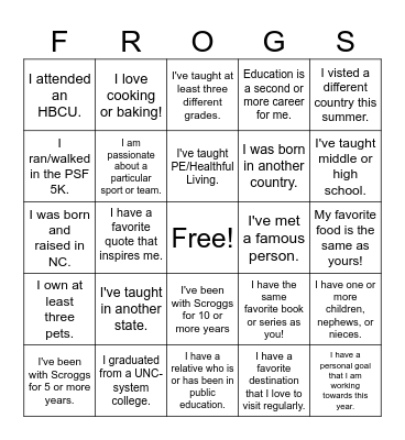 Welcome Back! Bingo Card