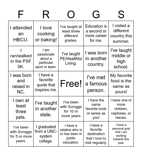 Welcome Back! Bingo Card