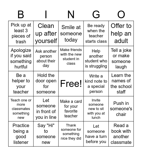 Kindness Bingo Card