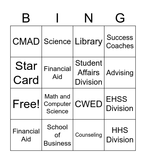 Student Resource Fair Bingo Card