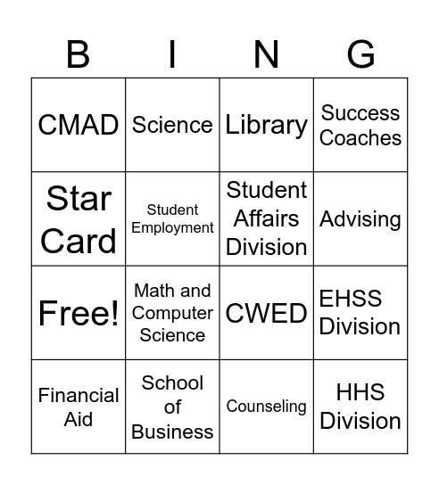 Student Resource Fair Bingo Card