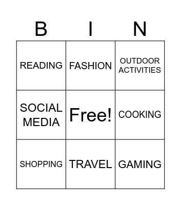 INTERESTS Bingo Card