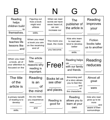 Importance of Reading Bingo Card