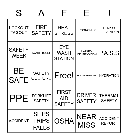 SAFETY WEEK Bingo Card