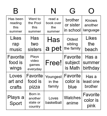 All About Me Bingo Card