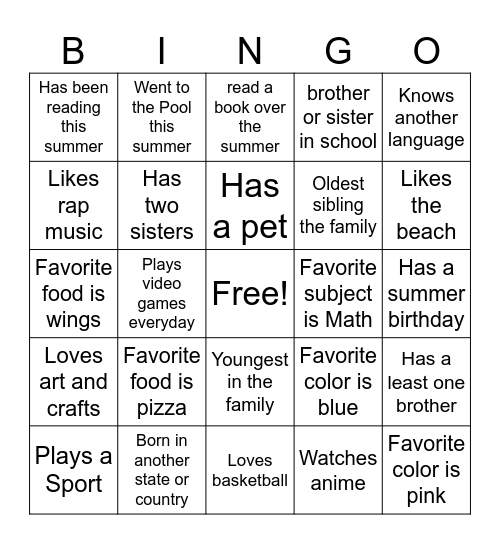 All About Me Bingo Card